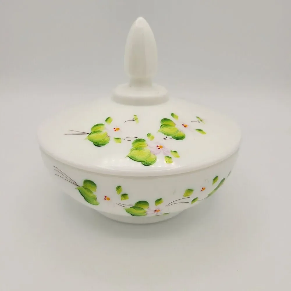 Vintage Fenton Pink Blossoms in the Snow Covered Candy Dish Painted Milk Glass